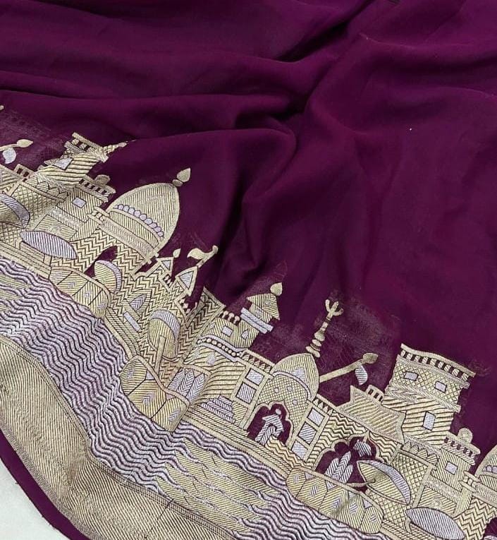 Banarasi Ganga Ghat Semi Georgette Soft Silk Saree