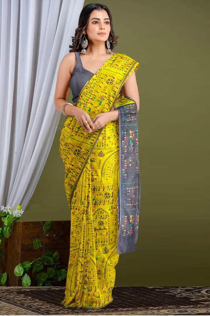 Madhubani Pure Cotton Silk Print Saree With Contrast Blouse .