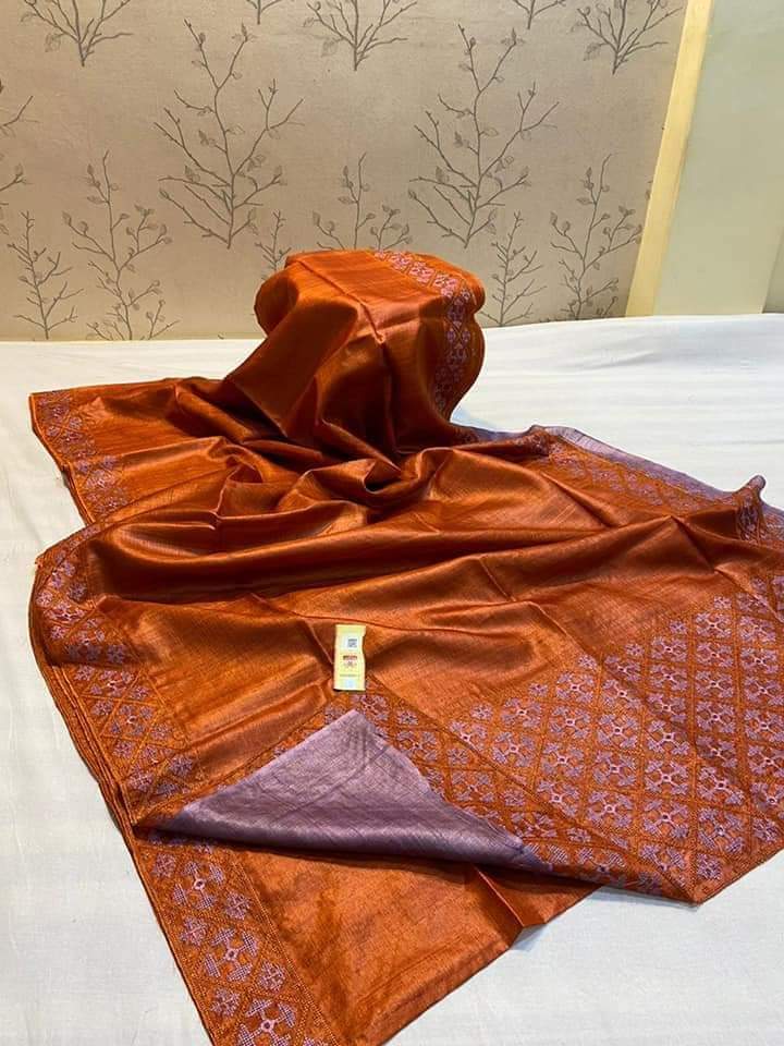 Pure Desi Tussar By Tussar Silk Embroidery Work Saree With Running Blouse.