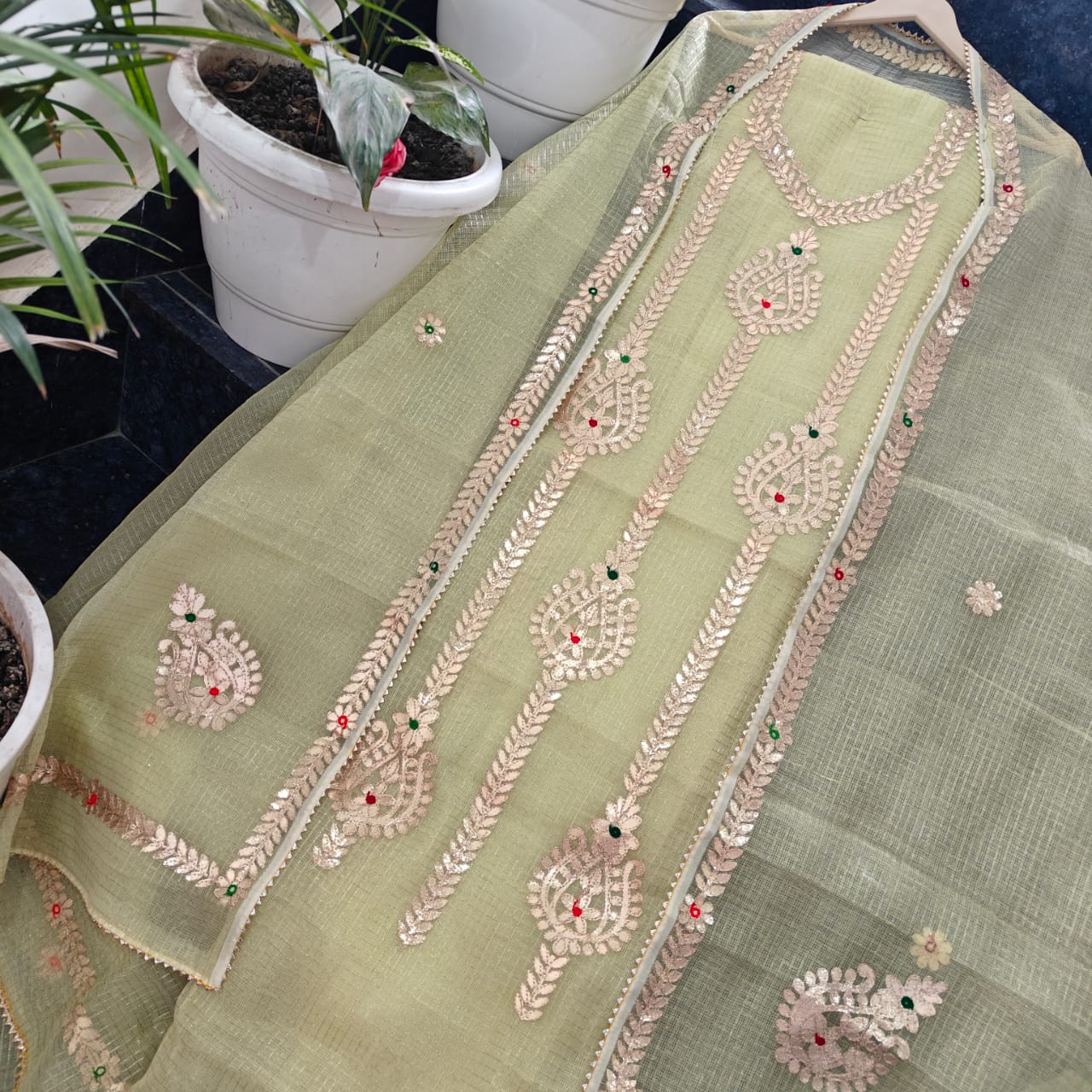 Pure Kota-Doria Unstitched Suit Gota Patti work Work