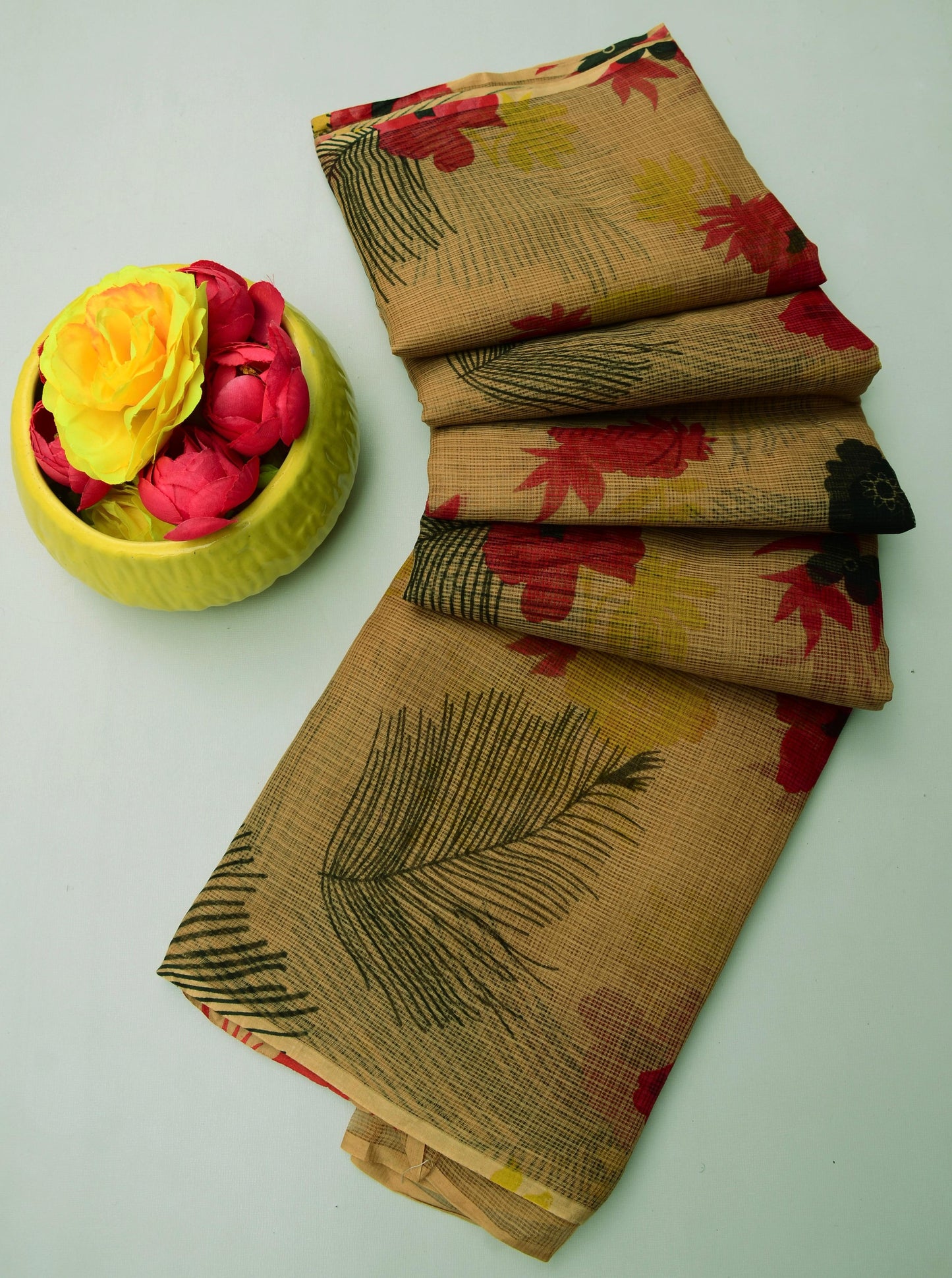 Pure Cotton Kota Doria Kalam Kari Floral Print Sarees