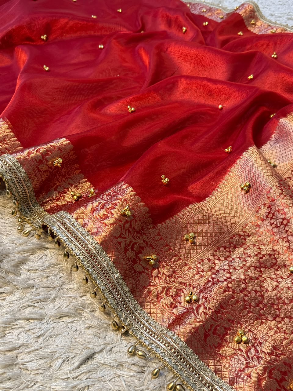 Premium Banarasi Tissue Zari Weaving Saree with Ghungroo Handwork Border