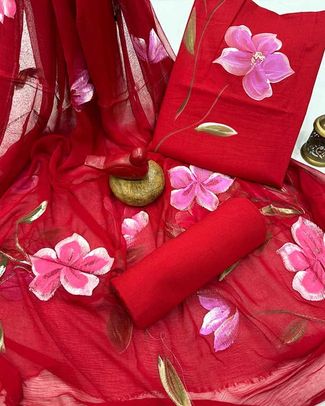 Pure cotton hand-block print suit with Chiffon dupatta
