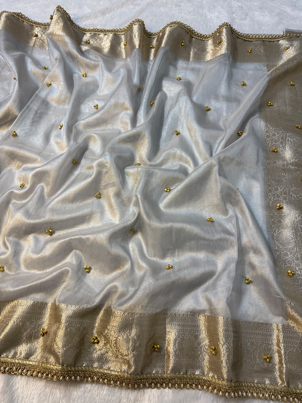 Premium Banarasi Tissue Zari Weaving Saree with Ghungroo Handwork Border
