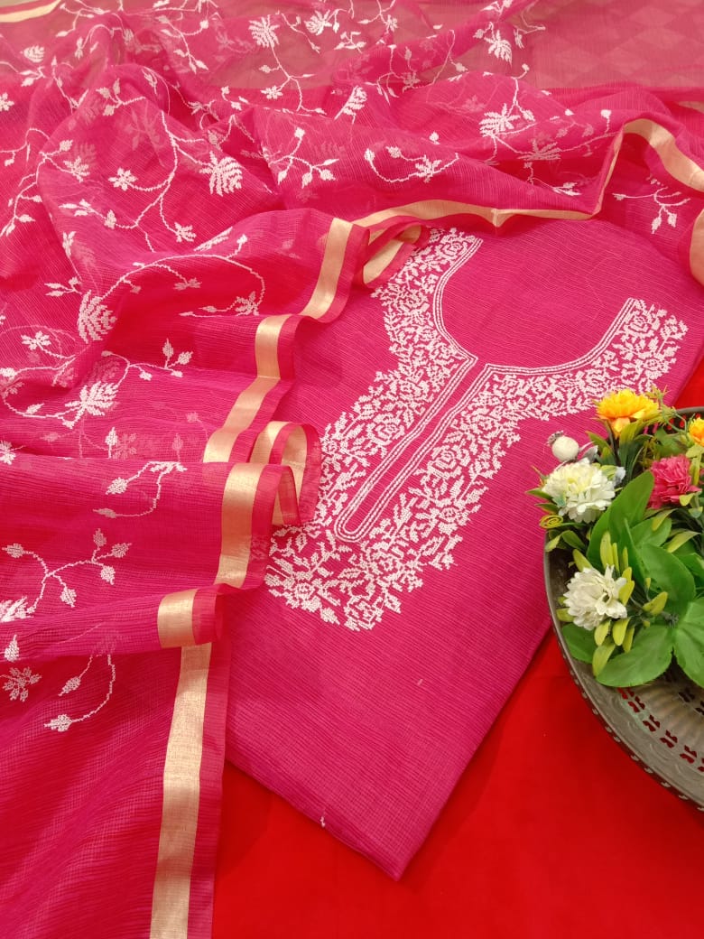 Pure Kota-Doria Unstitched Suit with Embroidery Work