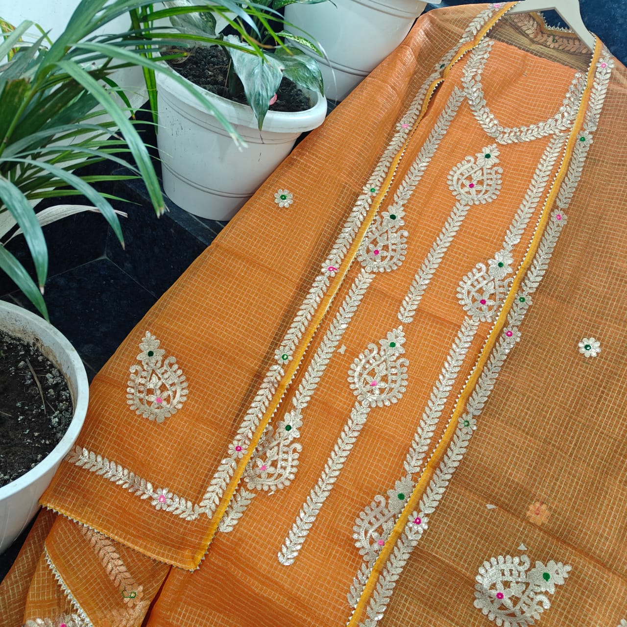 Pure Kota-Doria Unstitched Suit Gota Patti work Work