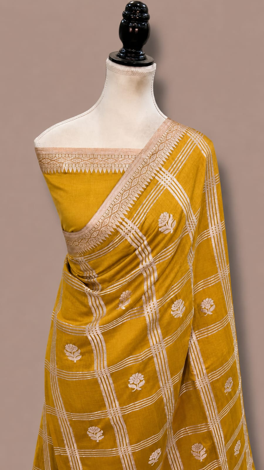 Mango Katan Banarasi Soft Silk Saree with Zari Check Weaving and Floral Boota Work