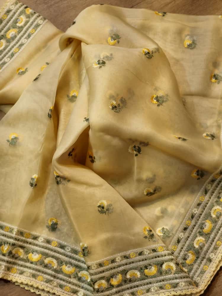 Pure Organza Silk Embroidery Border Buti Saree With Heavy Blouse