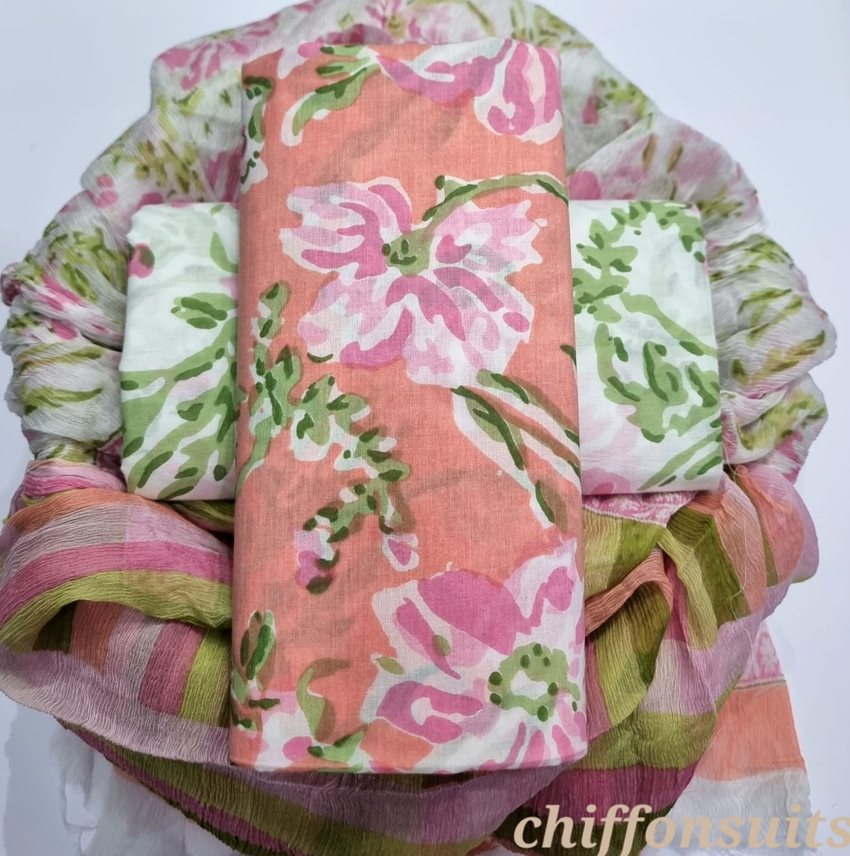 Pure cotton hand-block print suit with Chiffon dupatta