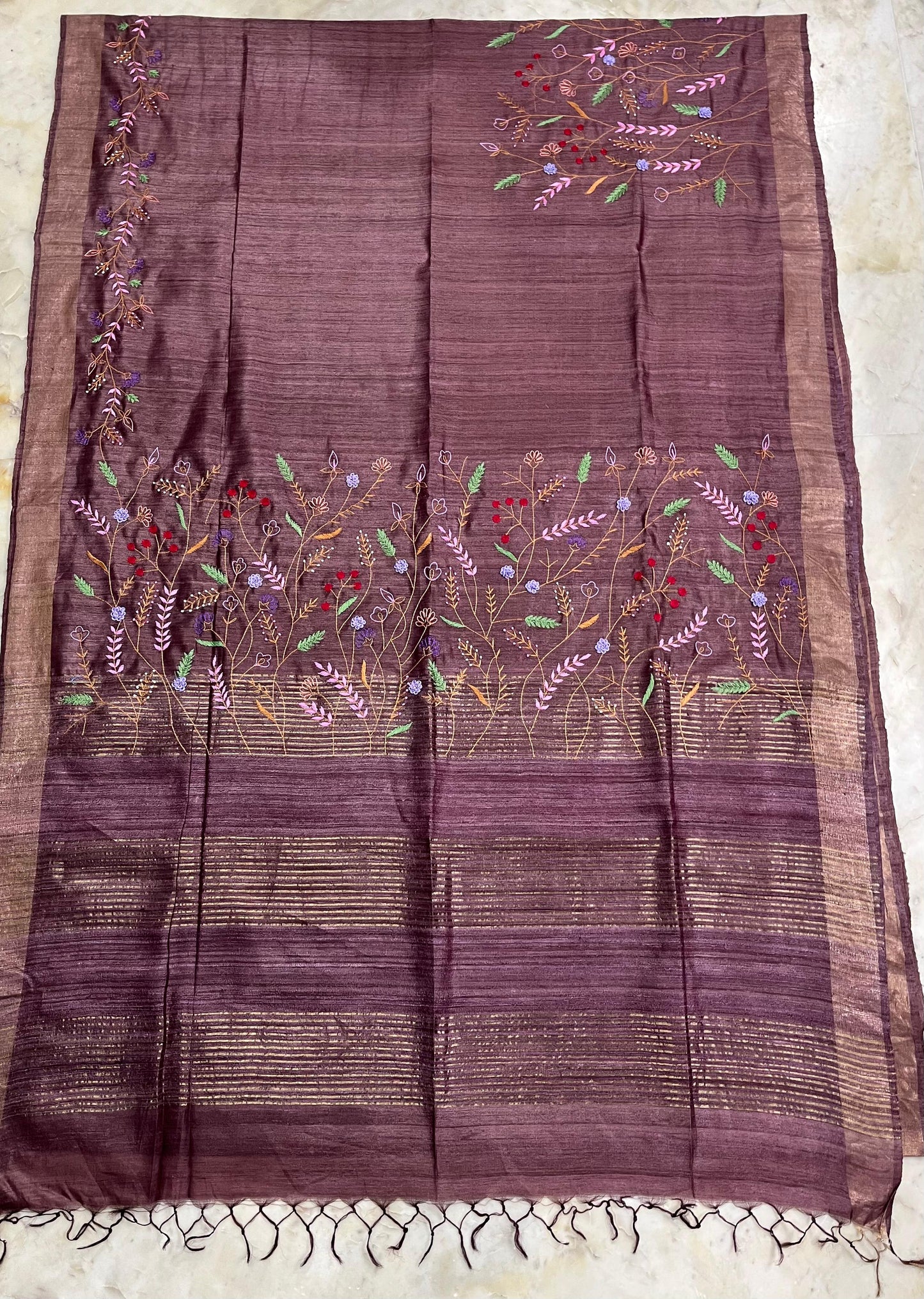 Pure Desi Tussar By Tussar Silk Embroidery Work Saree With Running Blouse