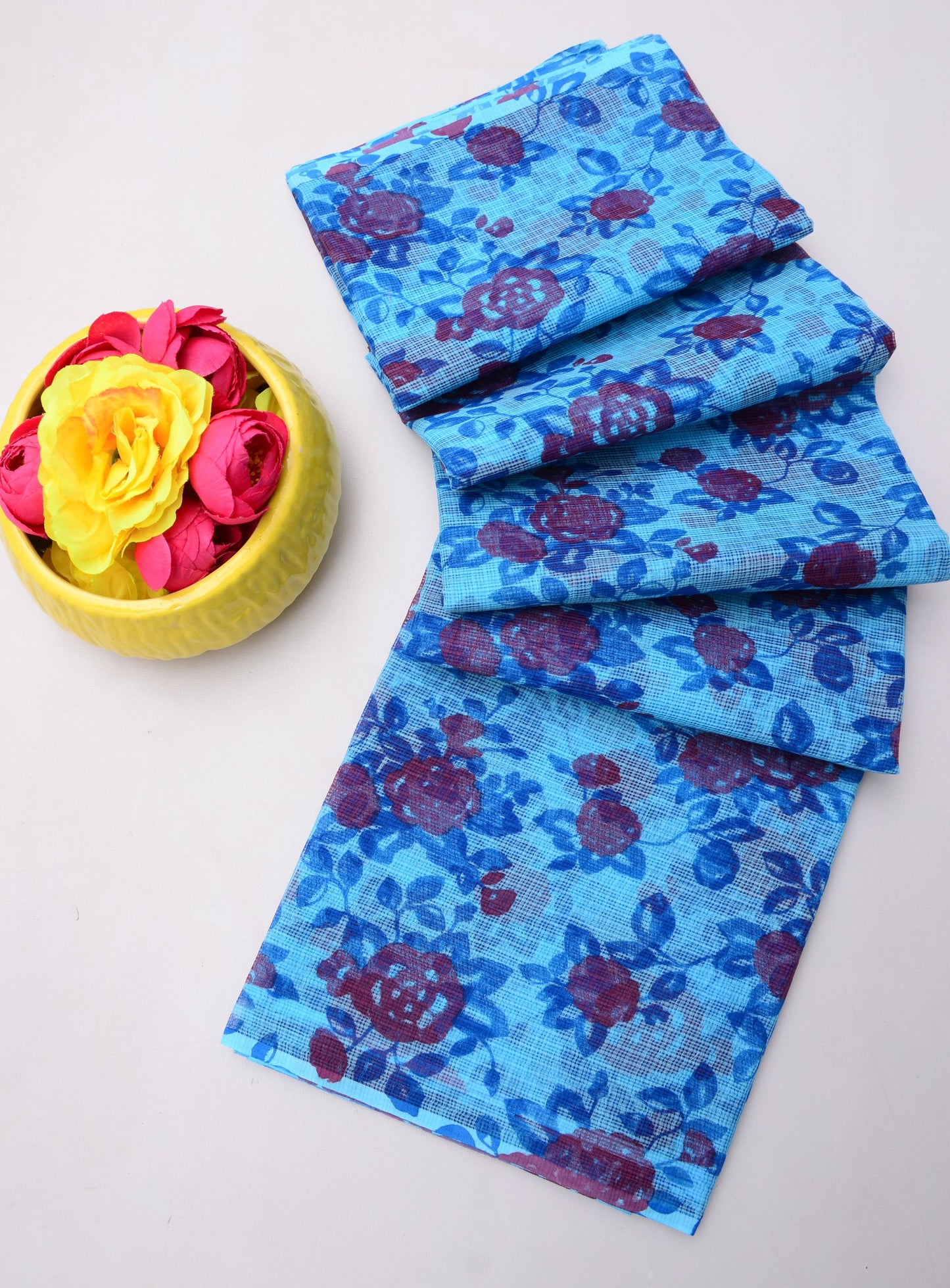 Pure Cotton Kota Doria Kalam Kari Floral Print Saree