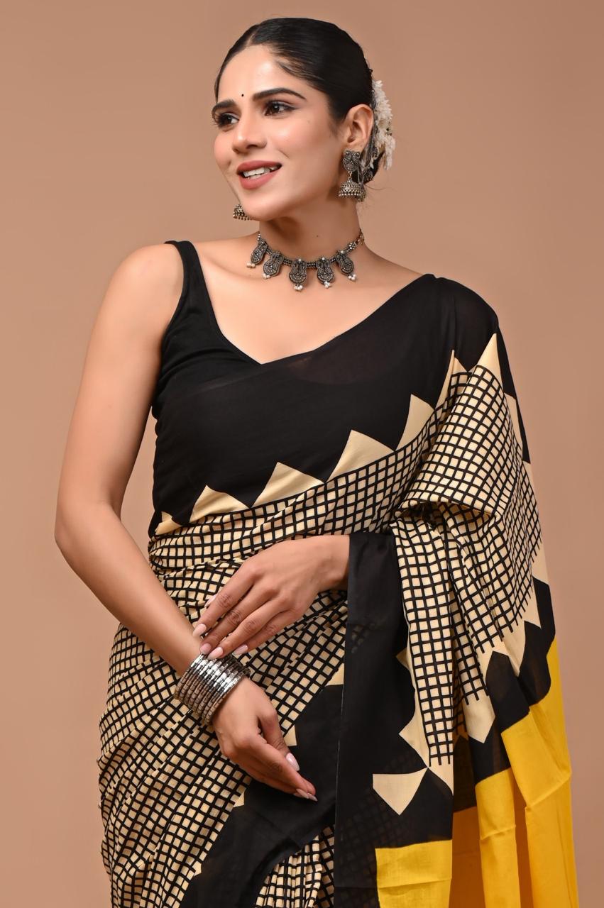 Pure Mulmul Cotton hand block Print Saree with Blouse