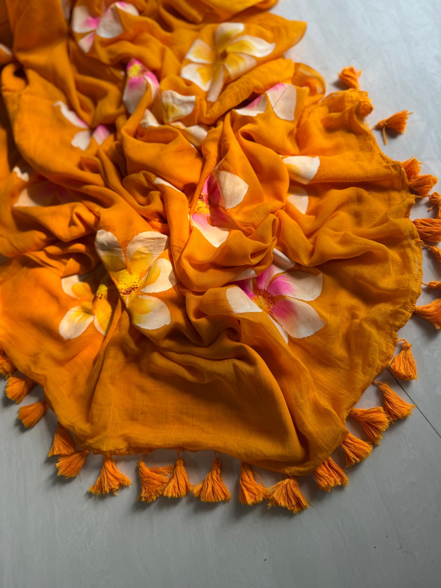 Beautiful Mulmul Cotton Flowers design Hand Painted Saree
