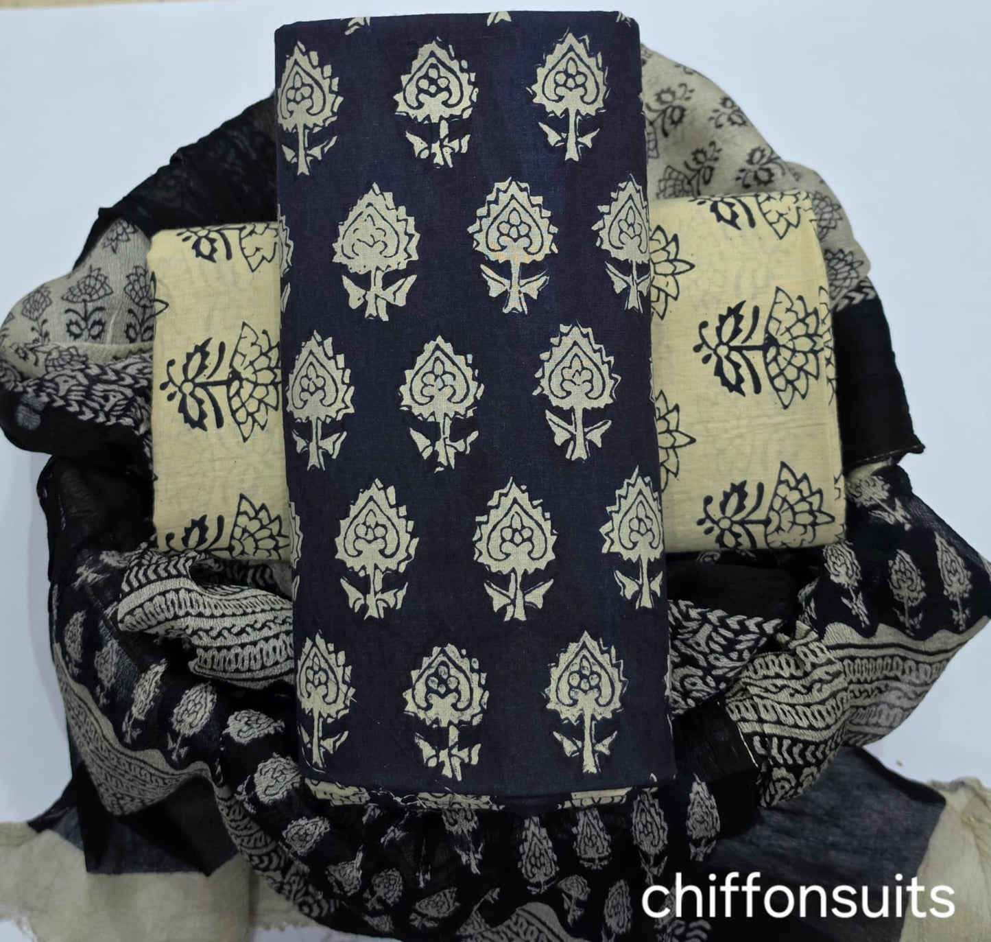 Pure cotton hand-block print suit with Chiffon dupatta