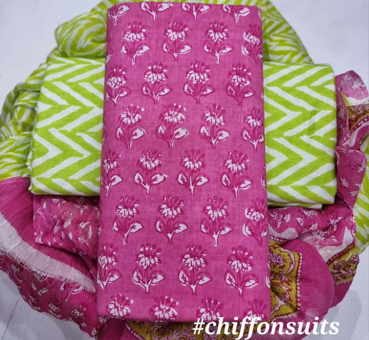 Pure cotton hand-block print suit with Chiffon dupatta