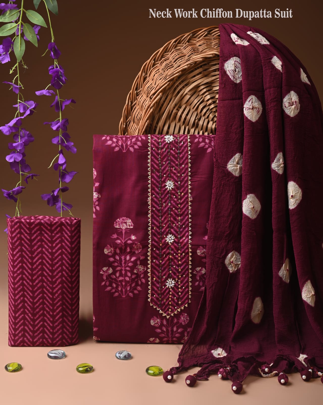 Designer gota patti hand work cotton unstitched suit with chiffon dupatta