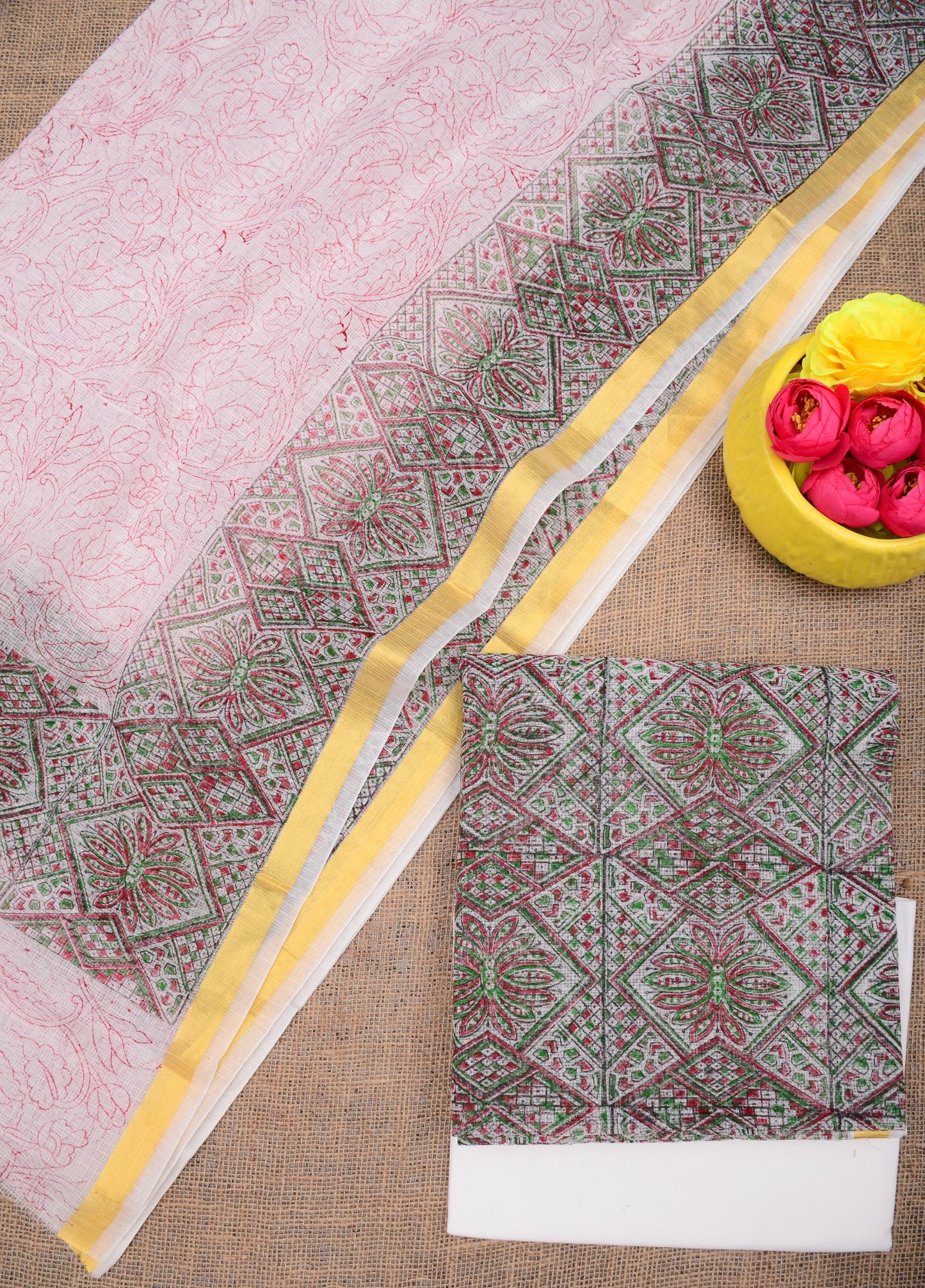 Kota Doria Hand Block Printed Unstitched Suit