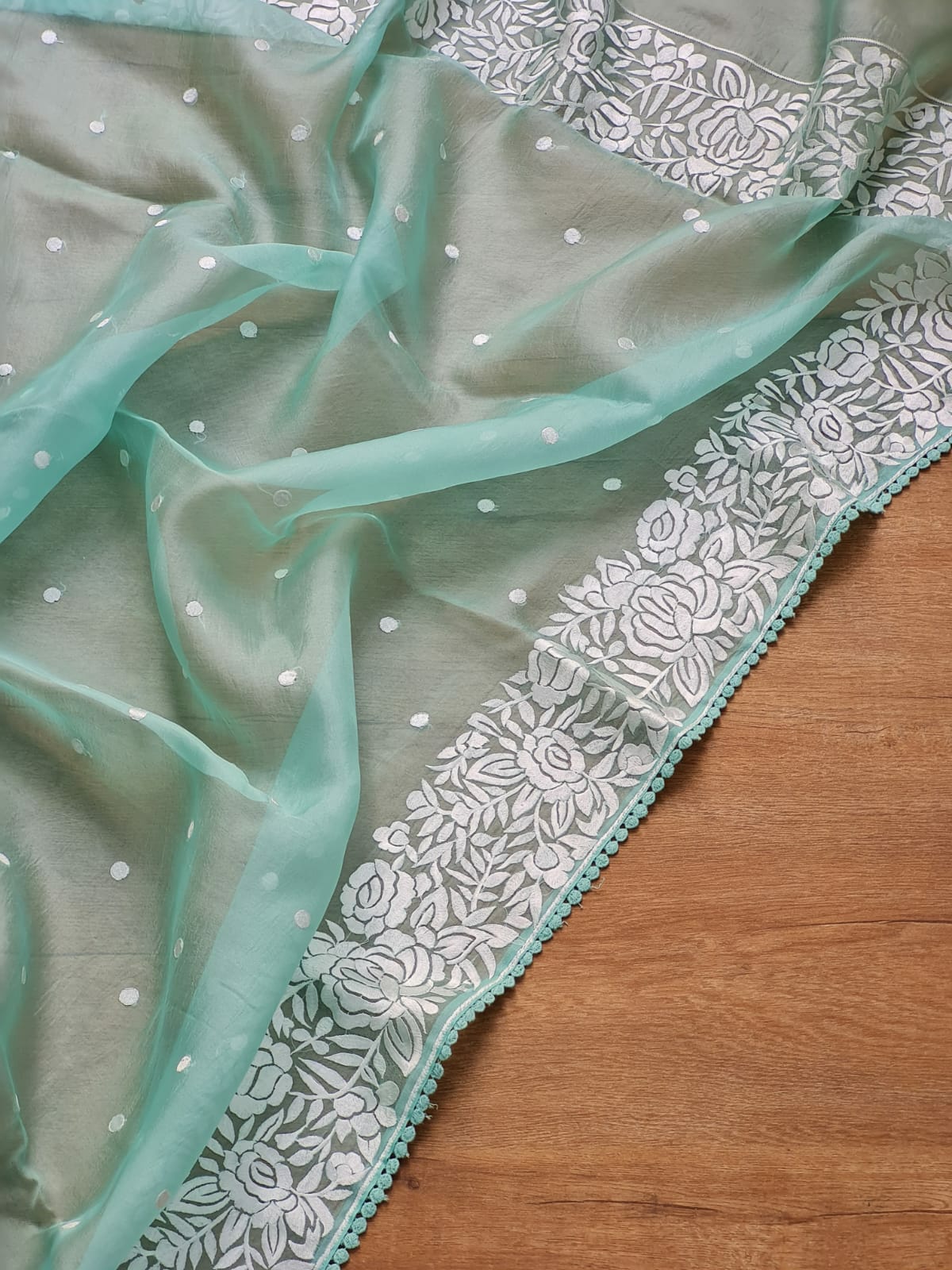 Pure Organza Silk Parsi Embroidery Work Saree With Heavy Blouse