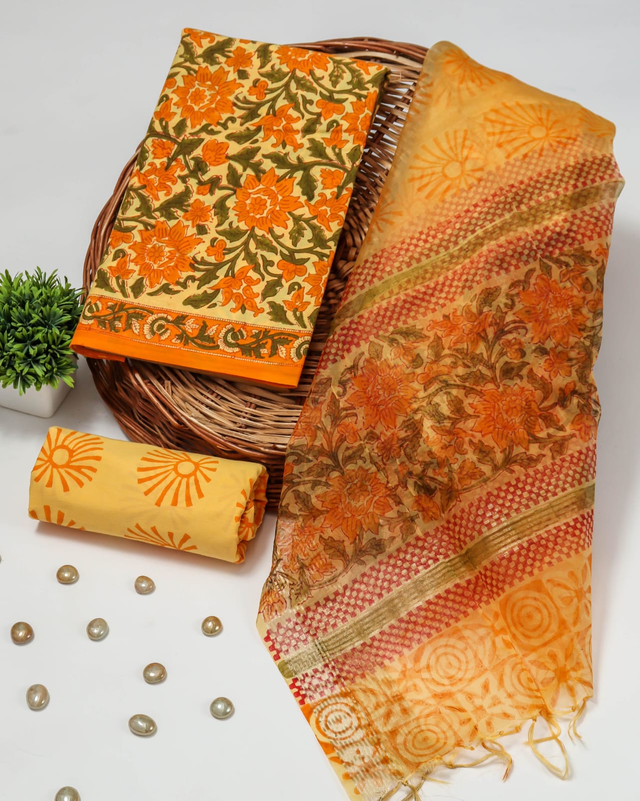 Pure Cotton Unstitched Suit With Organza Silk Dupatta thecotlin Pure Cotton Unstitched Suit With Organza Silk Dupatta thecotlin
