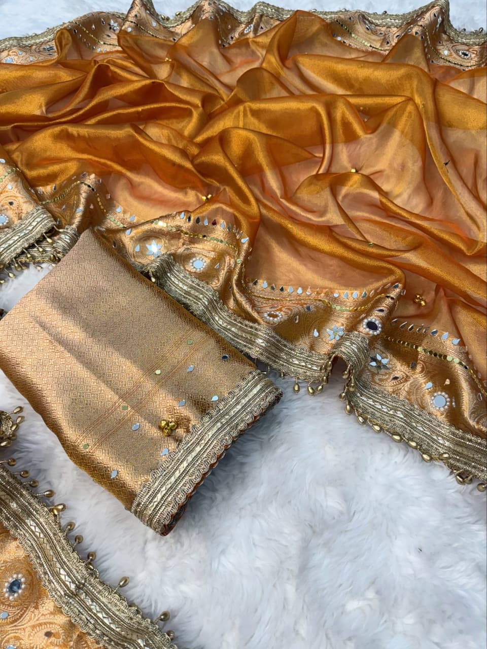 Premium Banarasi Tissue Zari Weaving Saree with Ghungroo Handwork Border