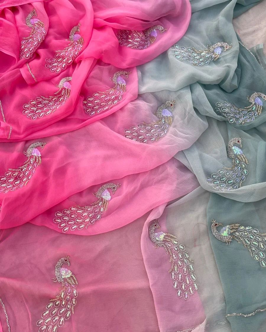 Pure Jaipuri Chiffon 13 big Peacock work Saree with blouse