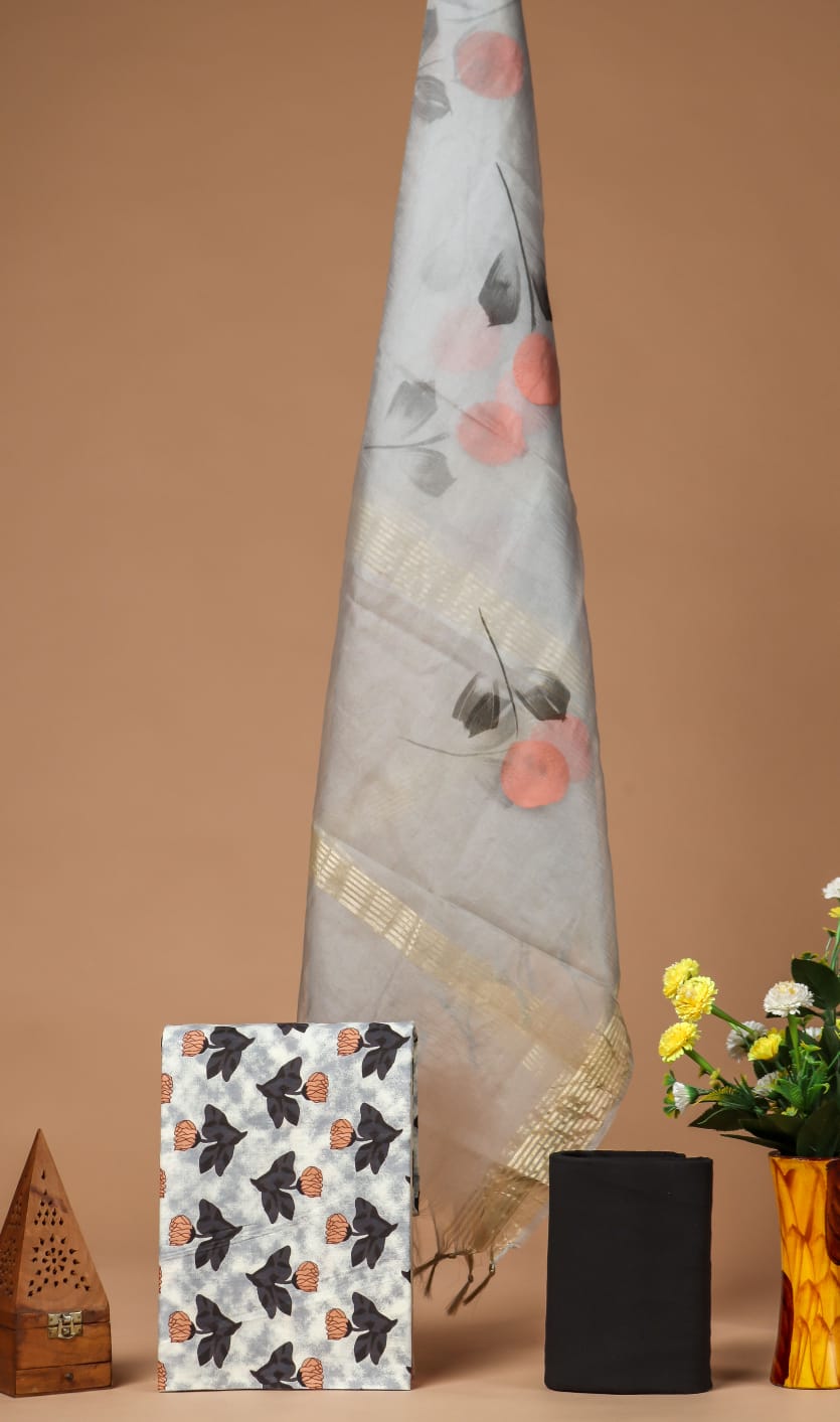 Pure Cotton Unstitched Suit With Organza Silk Dupatta