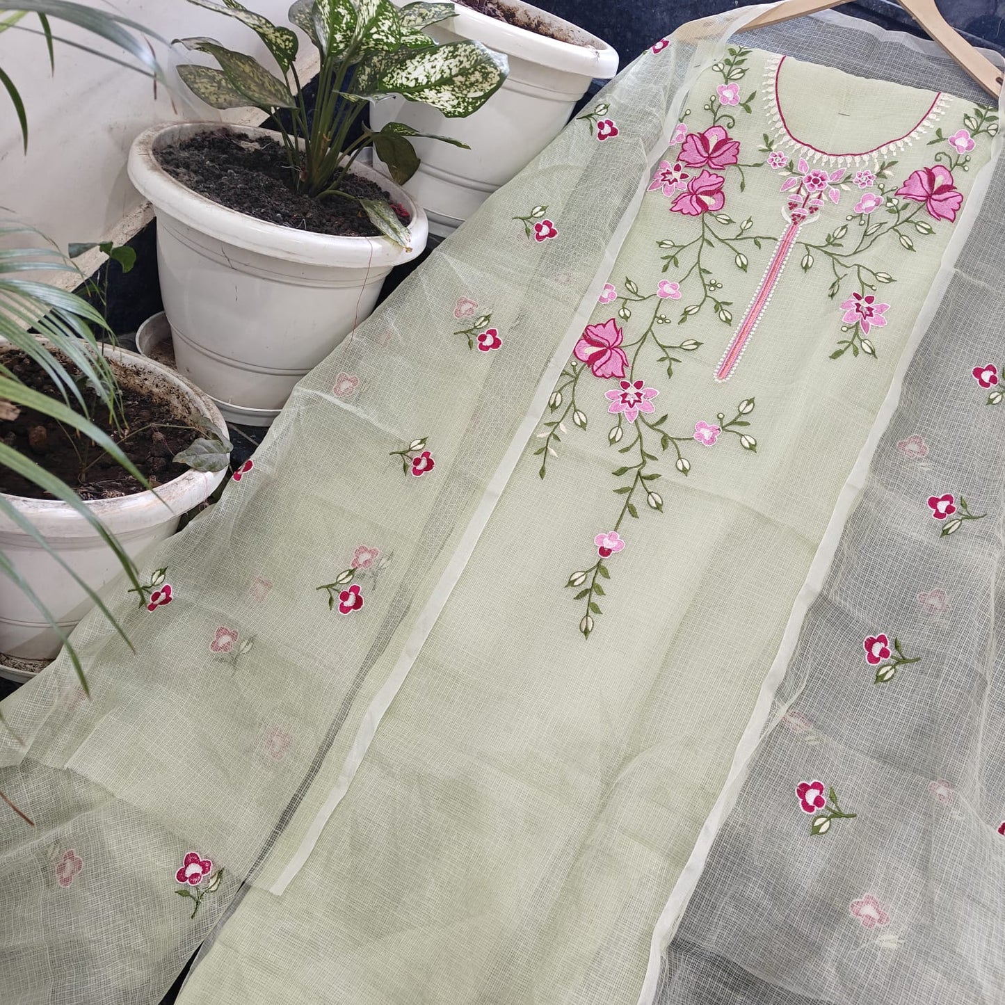 Kota Doria Embroidery work Unstitched Suit
