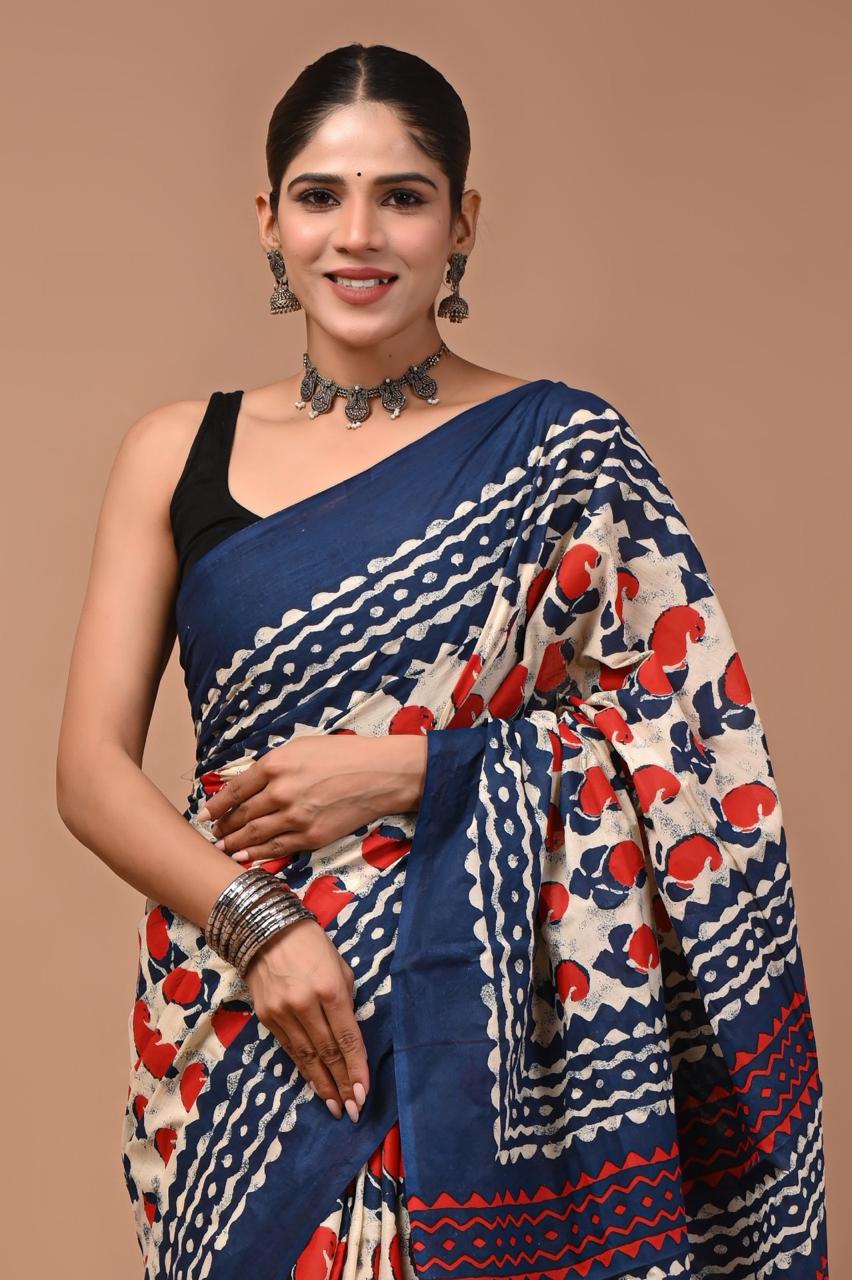 Pure Mulmul Cotton hand block Print Saree with Blouse