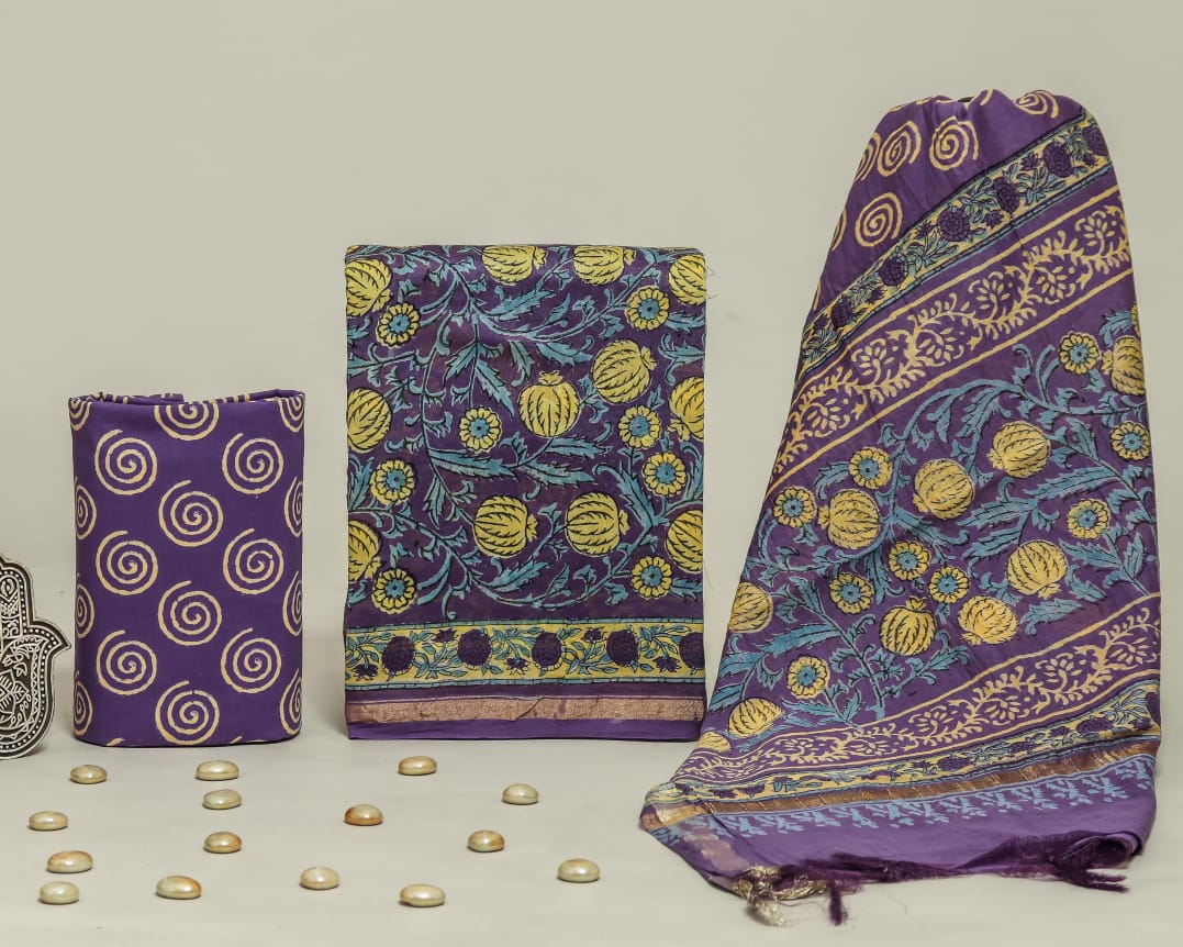 Hand Block Print Chanderi Silk Unstitched Suit