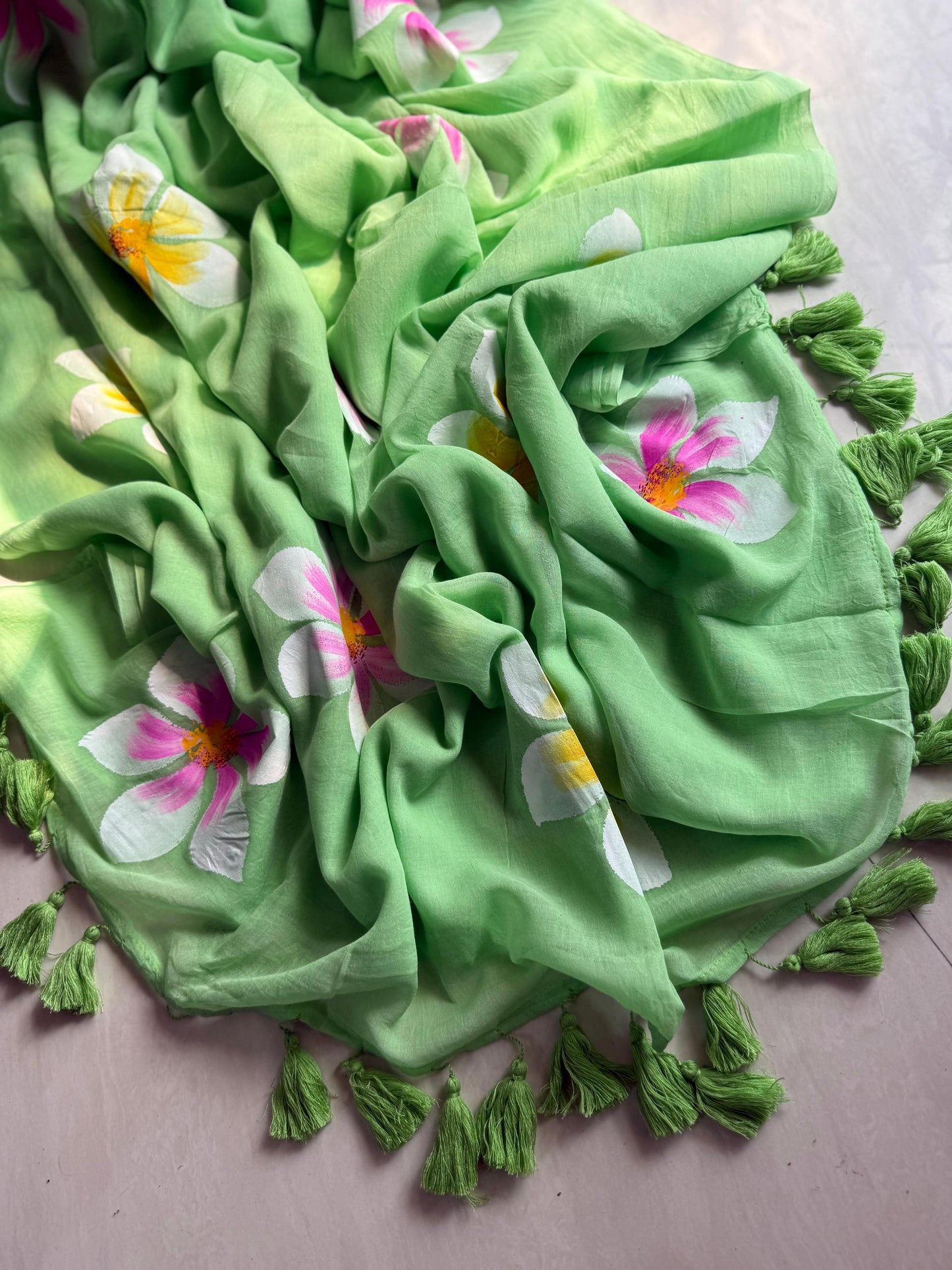 Beautiful Mulmul Cotton Flowers design Hand Painted Saree