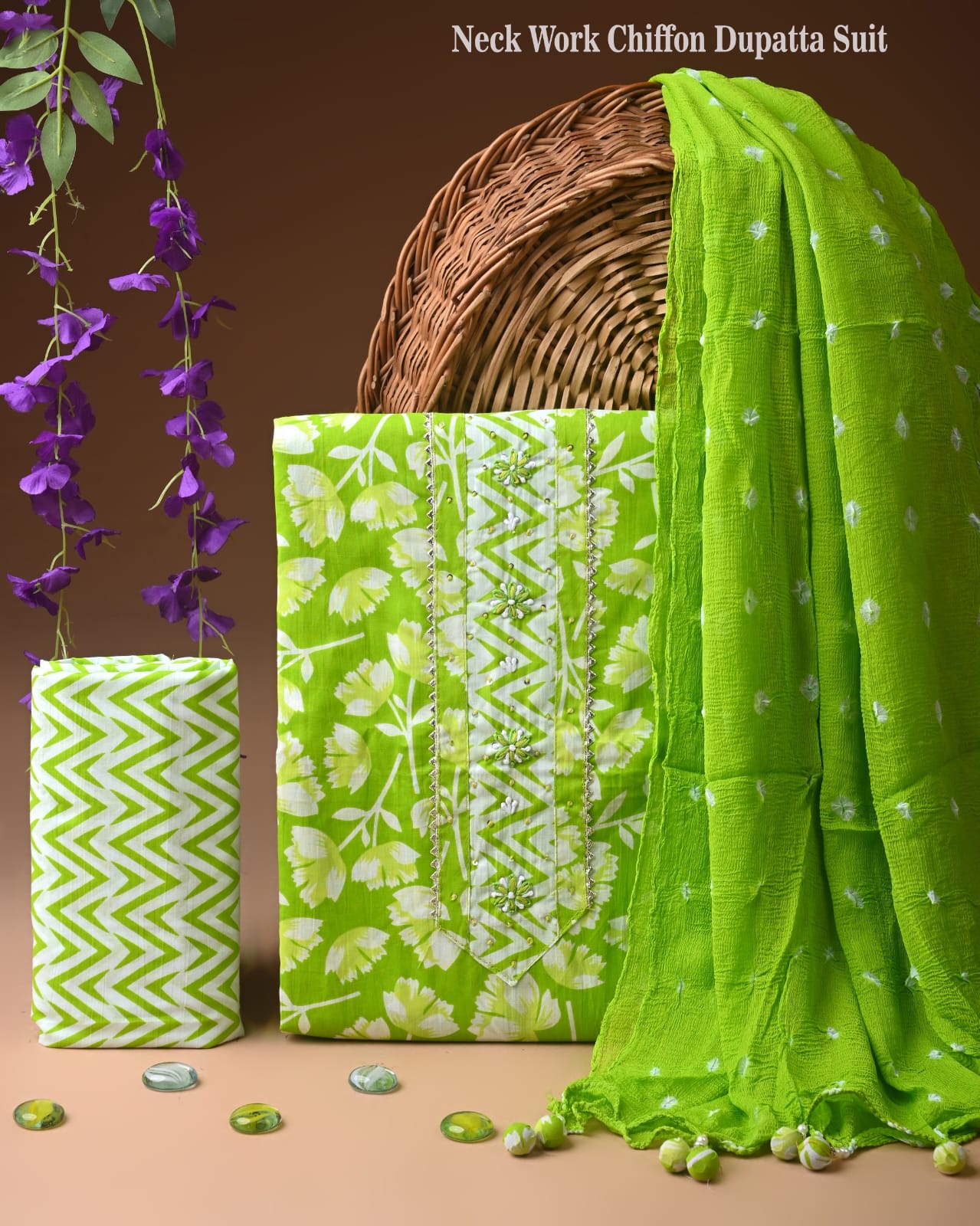 Designer gota patti hand work cotton unstitched suit with chiffon dupatta