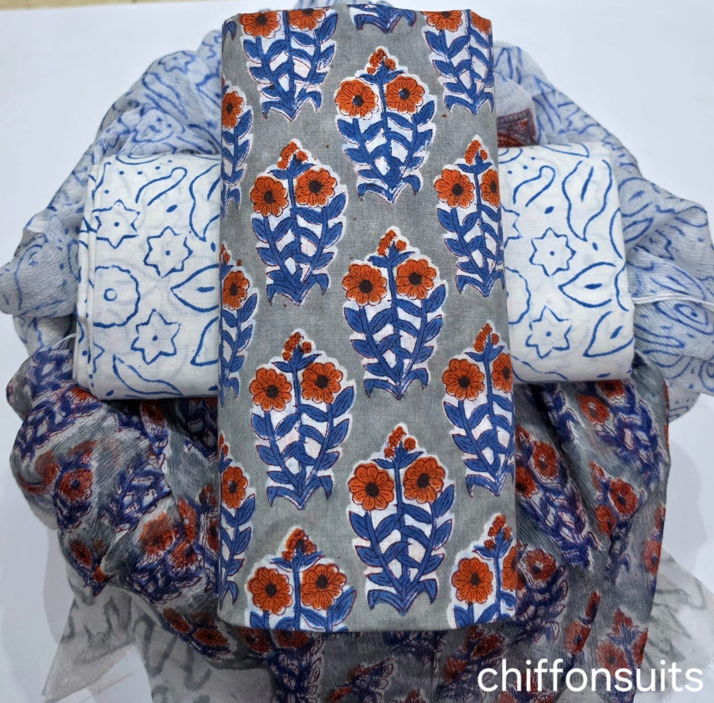 Pure cotton hand-block print suit with Chiffon dupatta