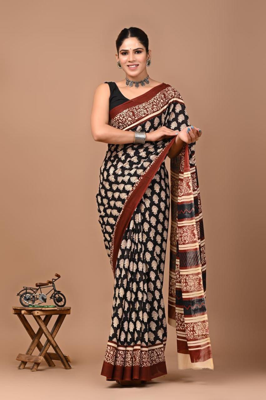 Pure Mulmul Cotton hand block Print Saree with Blouse
