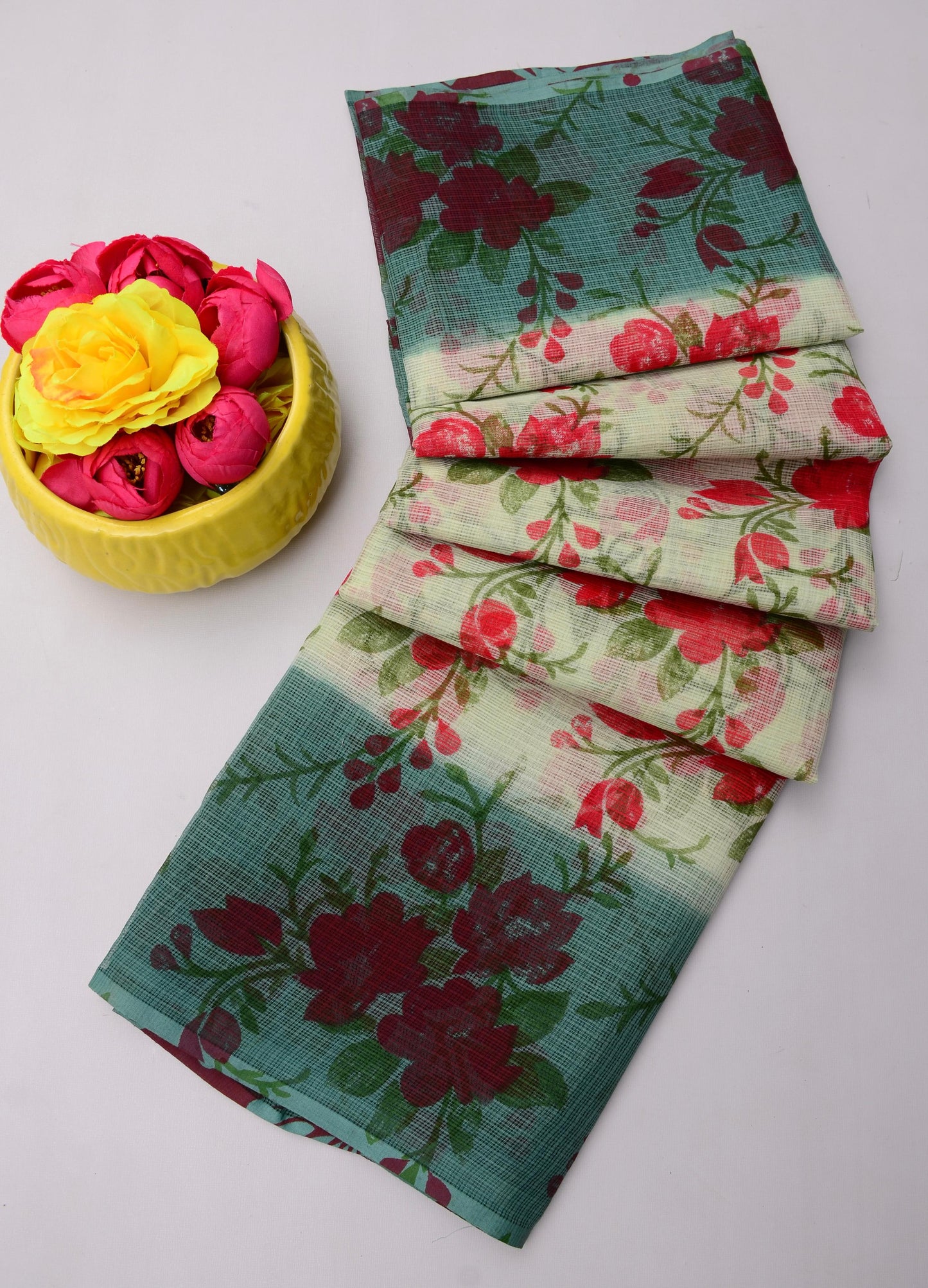 Pure Cotton Kota Doria Kalam Kari Floral Print Sarees