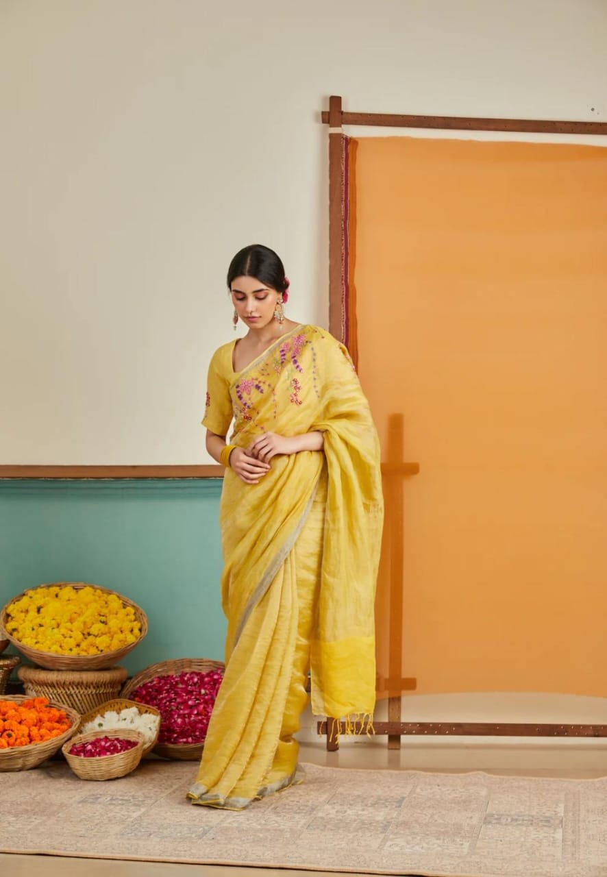 Pure Linen By Linen Embroidery Saree With Blouse