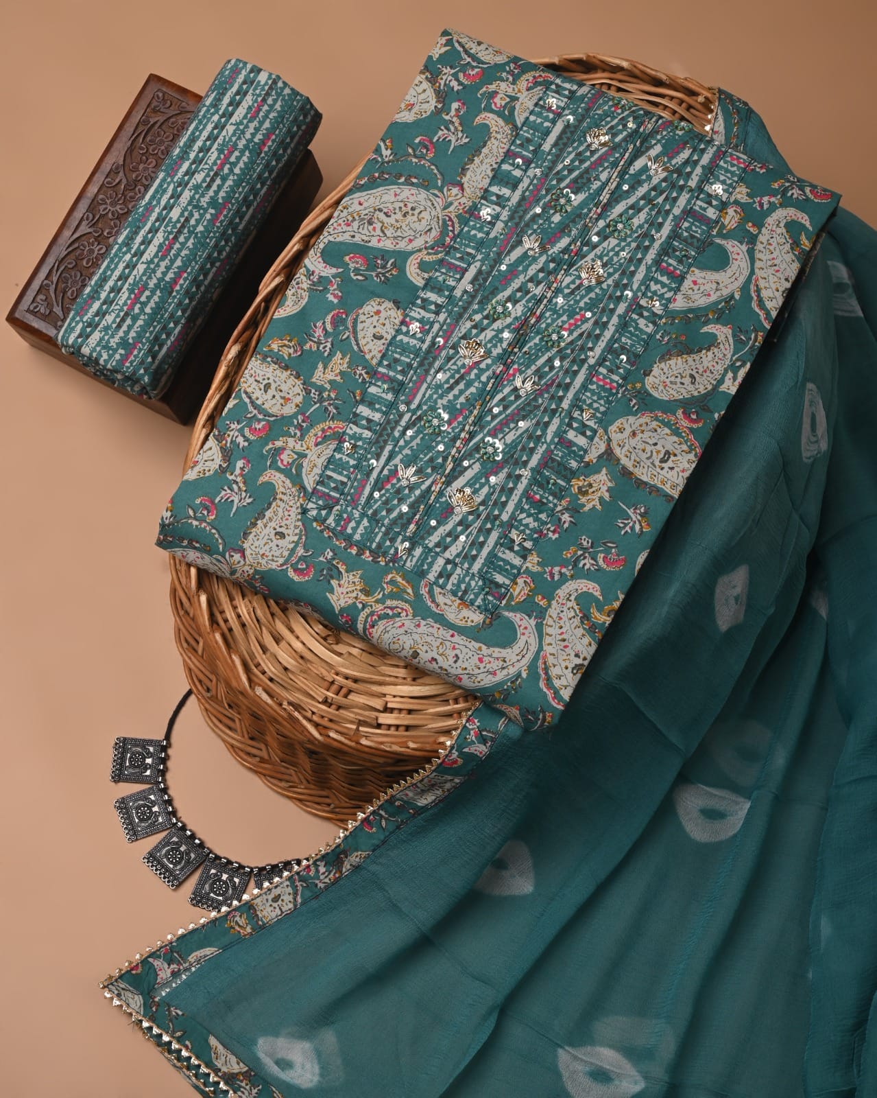 Designer gota patti hand work cotton unstitched suit with chiffon dupatta