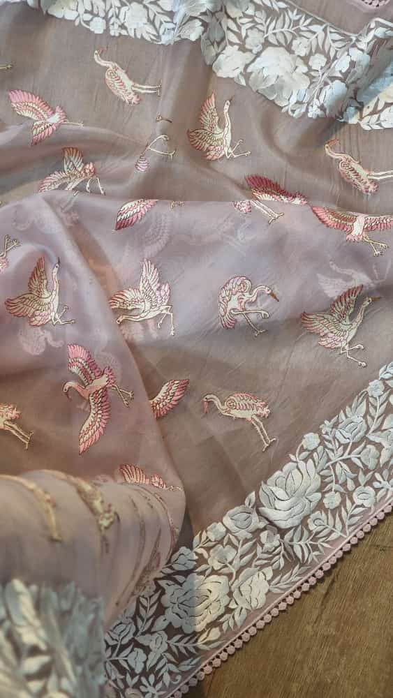 Pure Organza Silk Parsi Embroidery Work Saree With Heavy Blouse