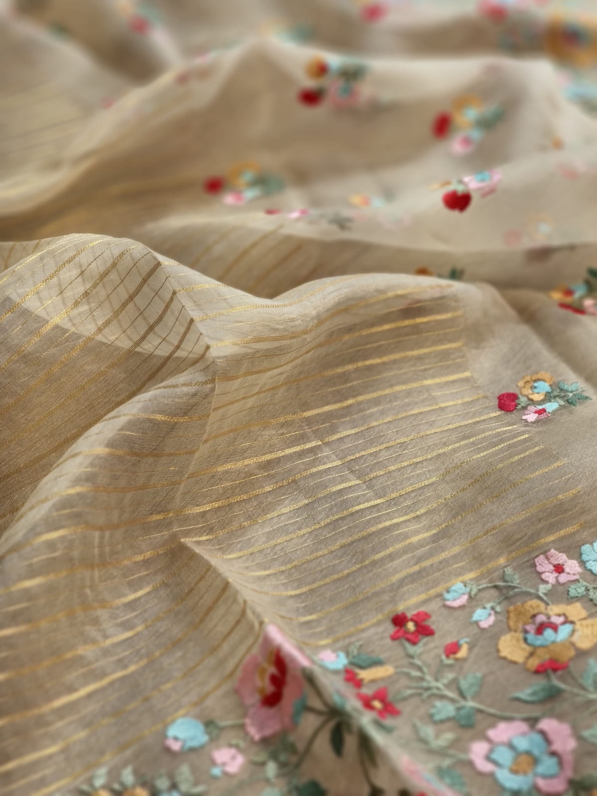 Pure Organza Silk floral Embroidery Saree with velvet lace and heavy blouse