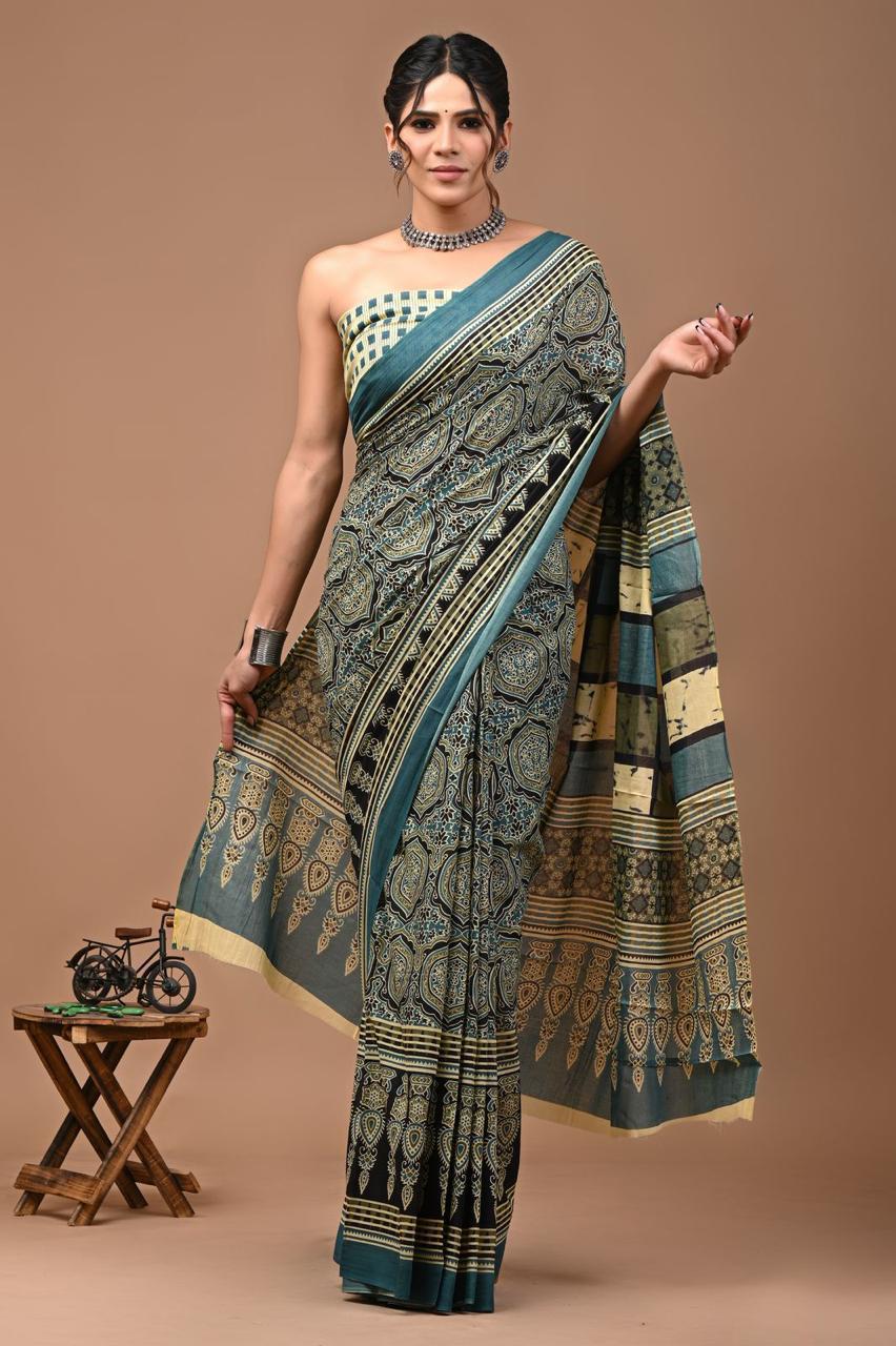 Pure Mulmul Cotton hand block Print Saree with Blouse