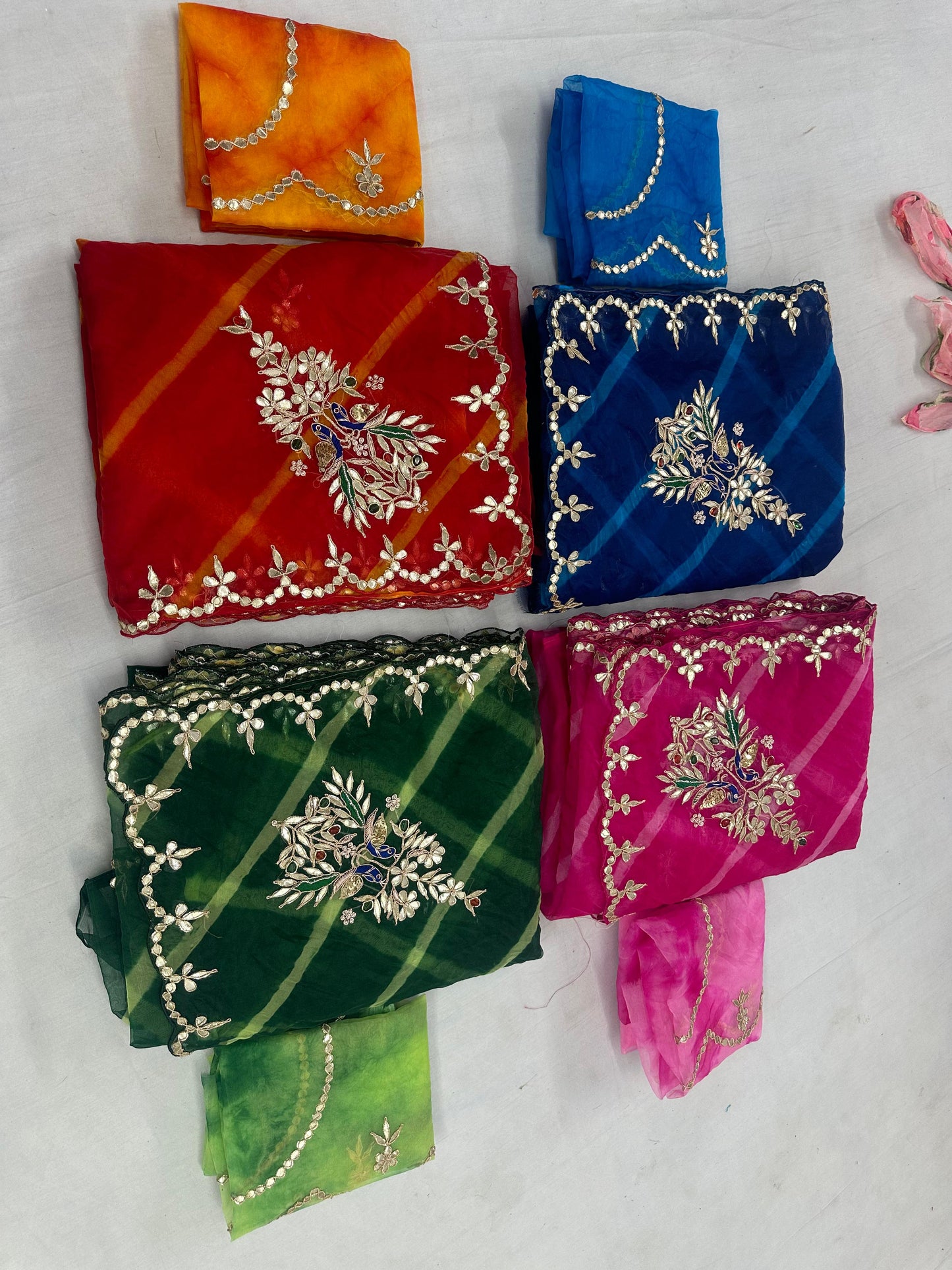 Desinger Organza Leheriya Pattern Gota Patti Work Saree With Contrast Blouse