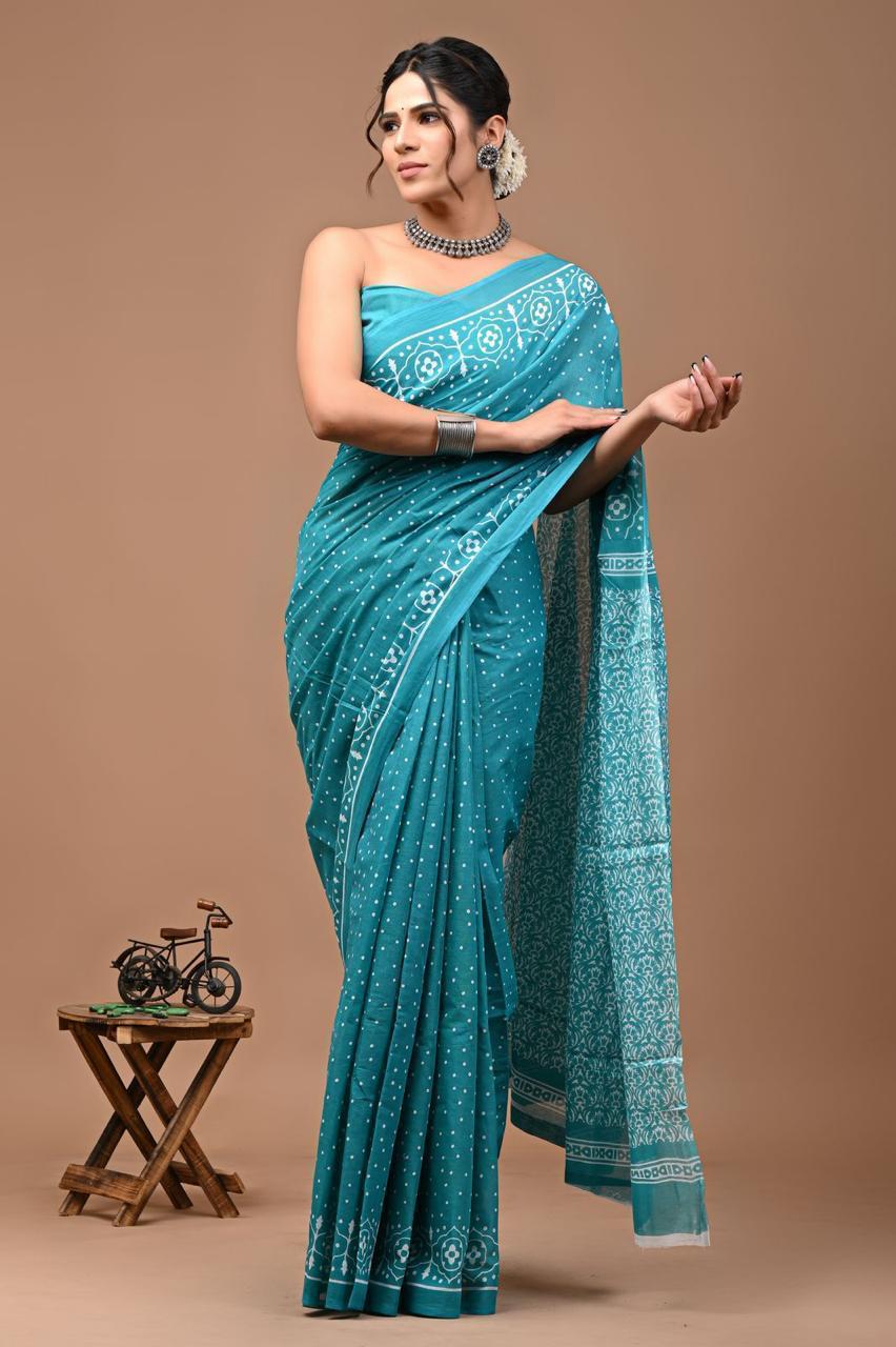 Pure Mulmul Cotton hand block Print Saree with Blouse