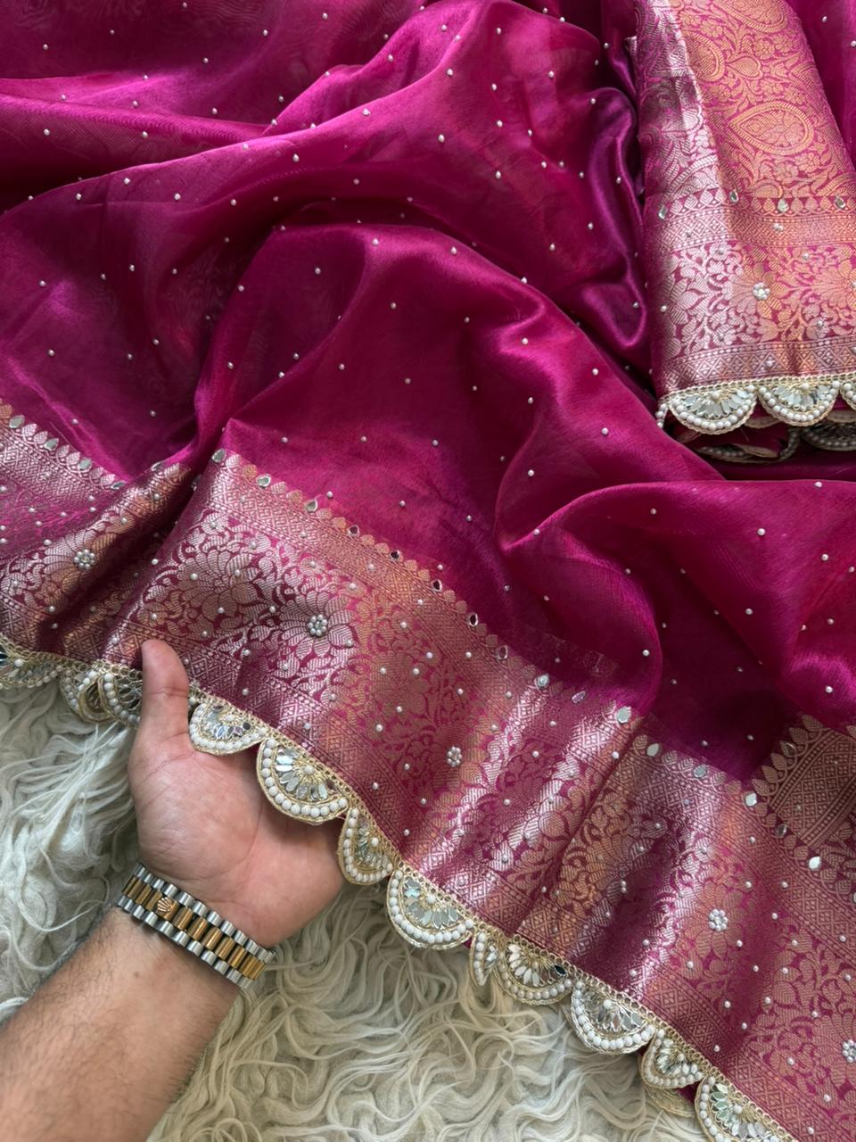 Banarasi Tissue Silk Saree With beautiful borders with beads work
