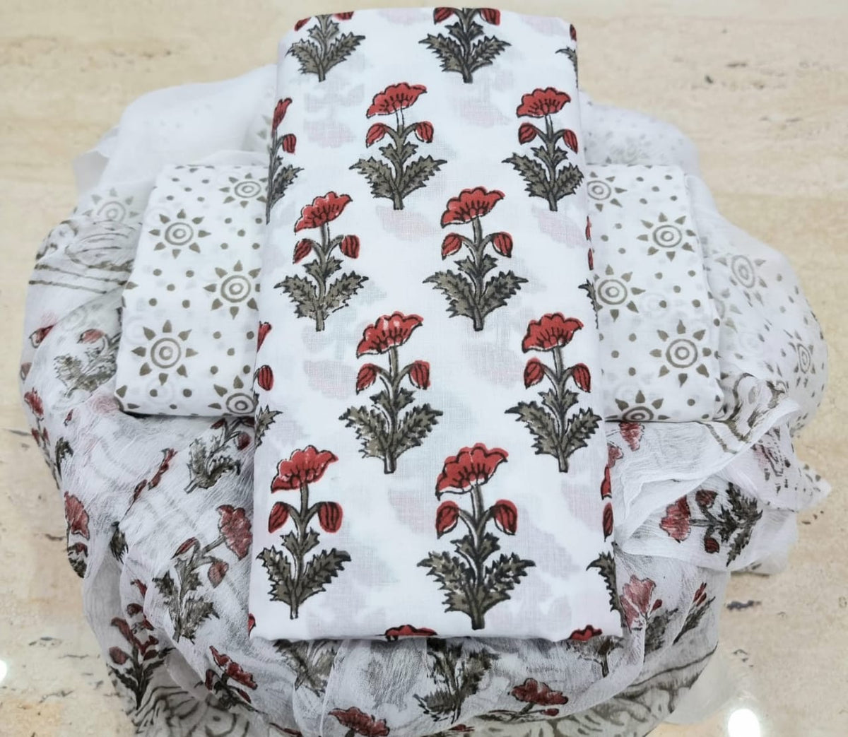 Pure cotton hand-block print suit with Chiffon dupatta