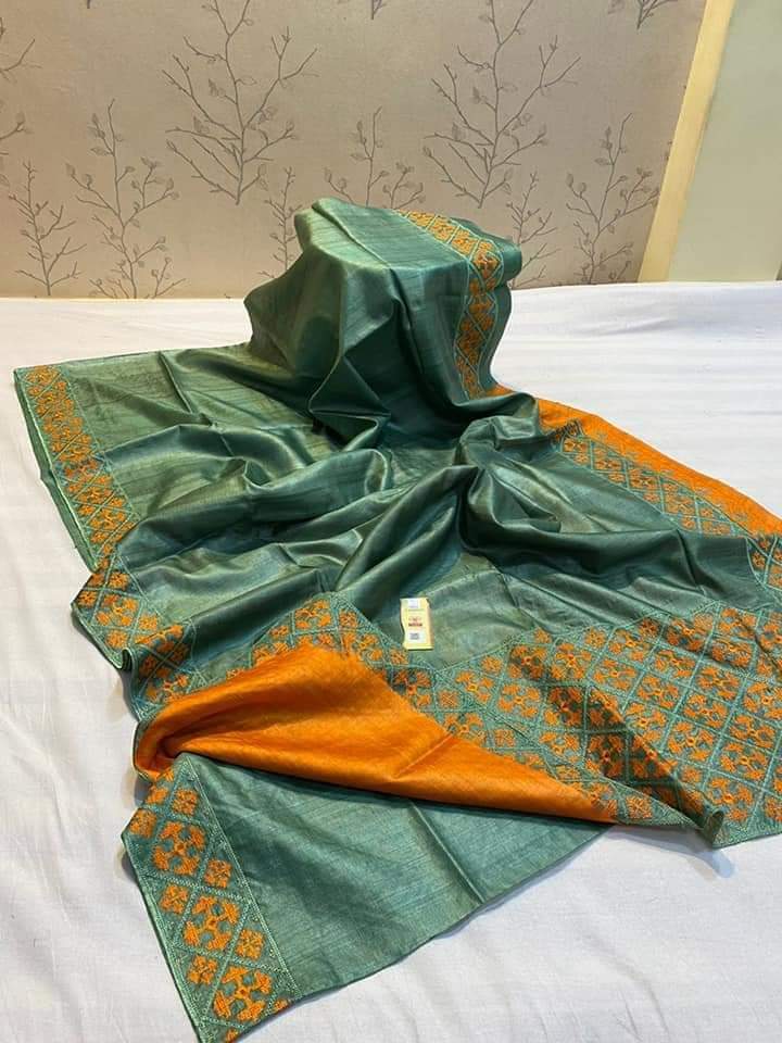 Pure Desi Tussar By Tussar Silk Embroidery Work Saree With Running Blouse.