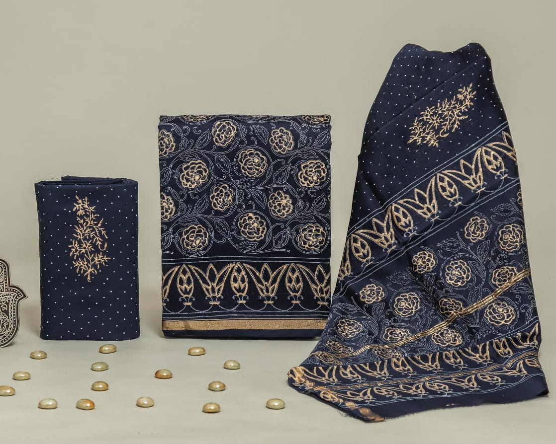 Hand Block Print Chanderi Silk Unstitched Suit