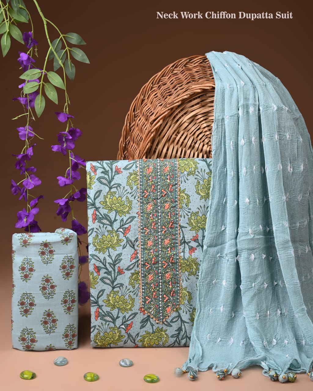 Designer gota patti hand work cotton unstitched suit with chiffon dupatta