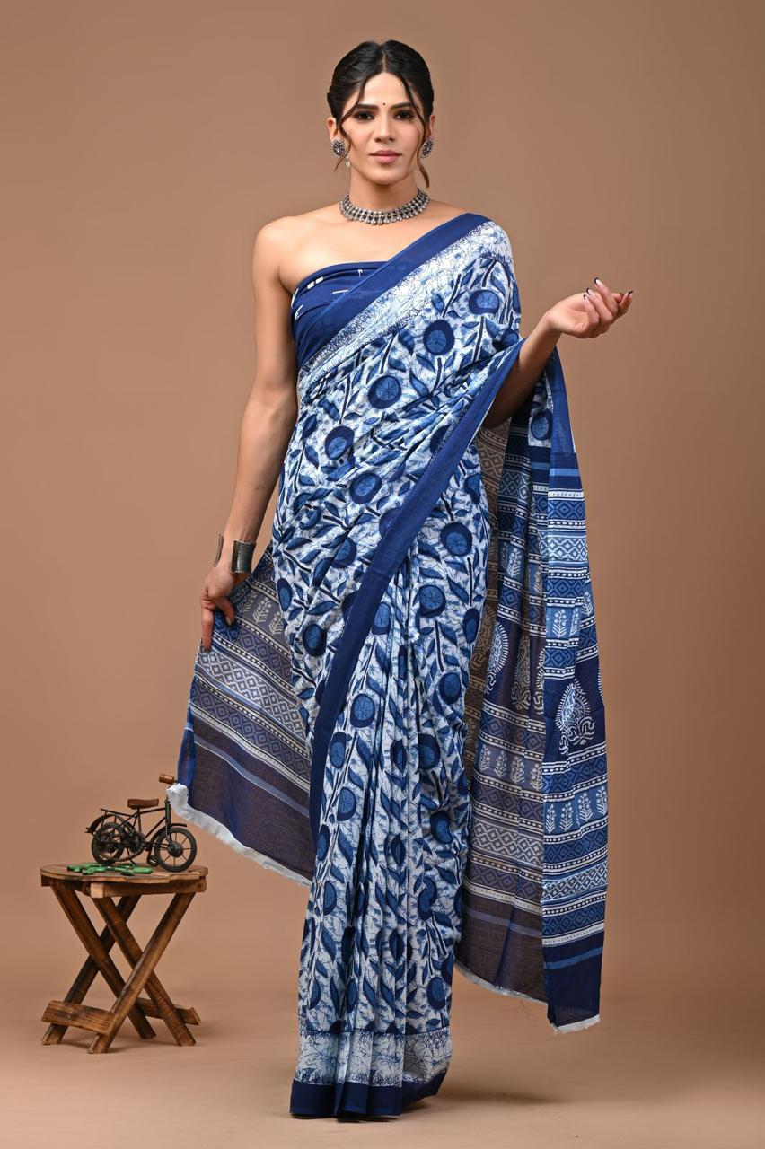 Pure Mulmul Cotton hand block Print Saree with Blouse