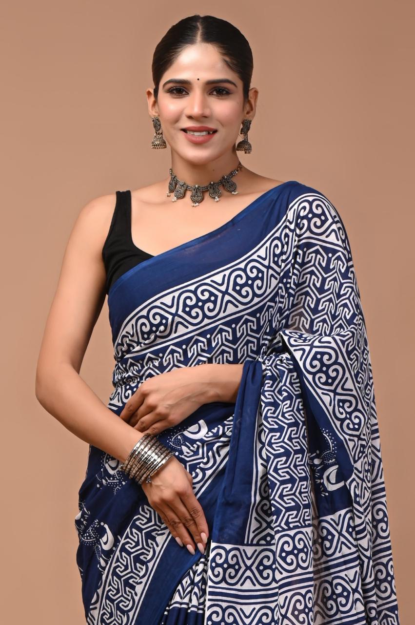 Pure Mulmul Cotton hand block Print Saree with Blouse
