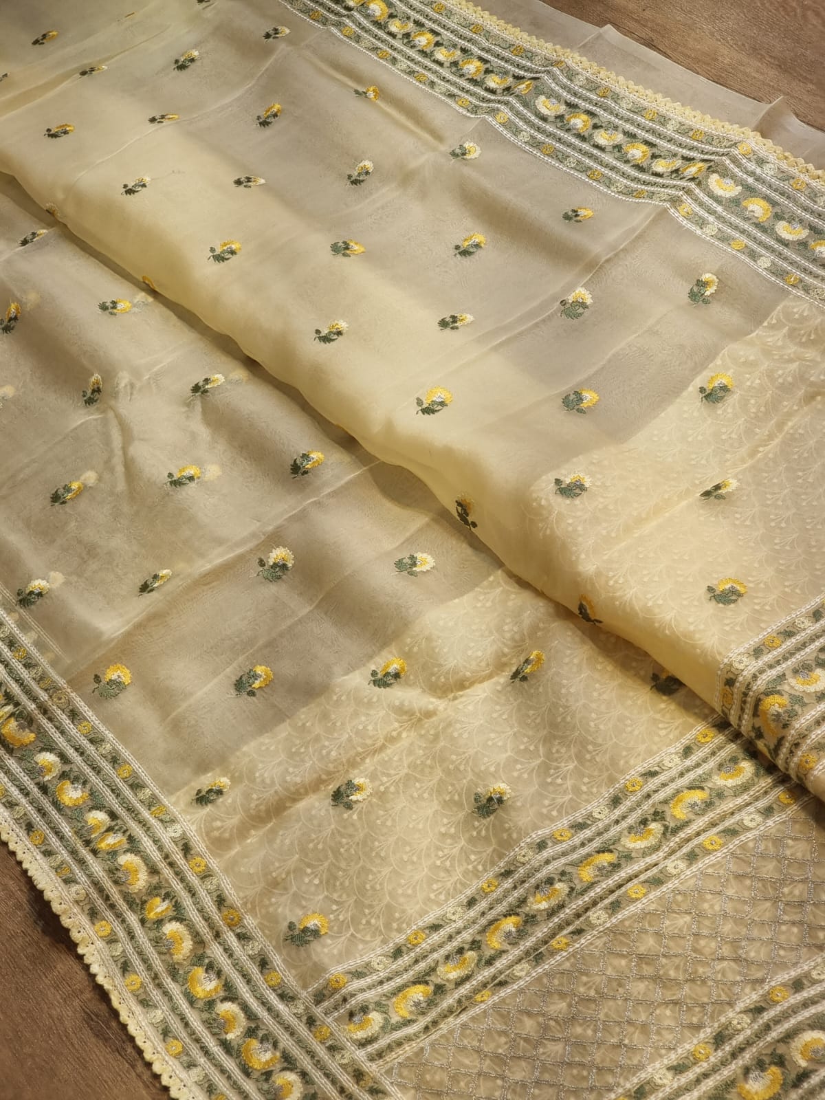 Pure Organza Silk Embroidery Border Buti Saree With Heavy Blouse