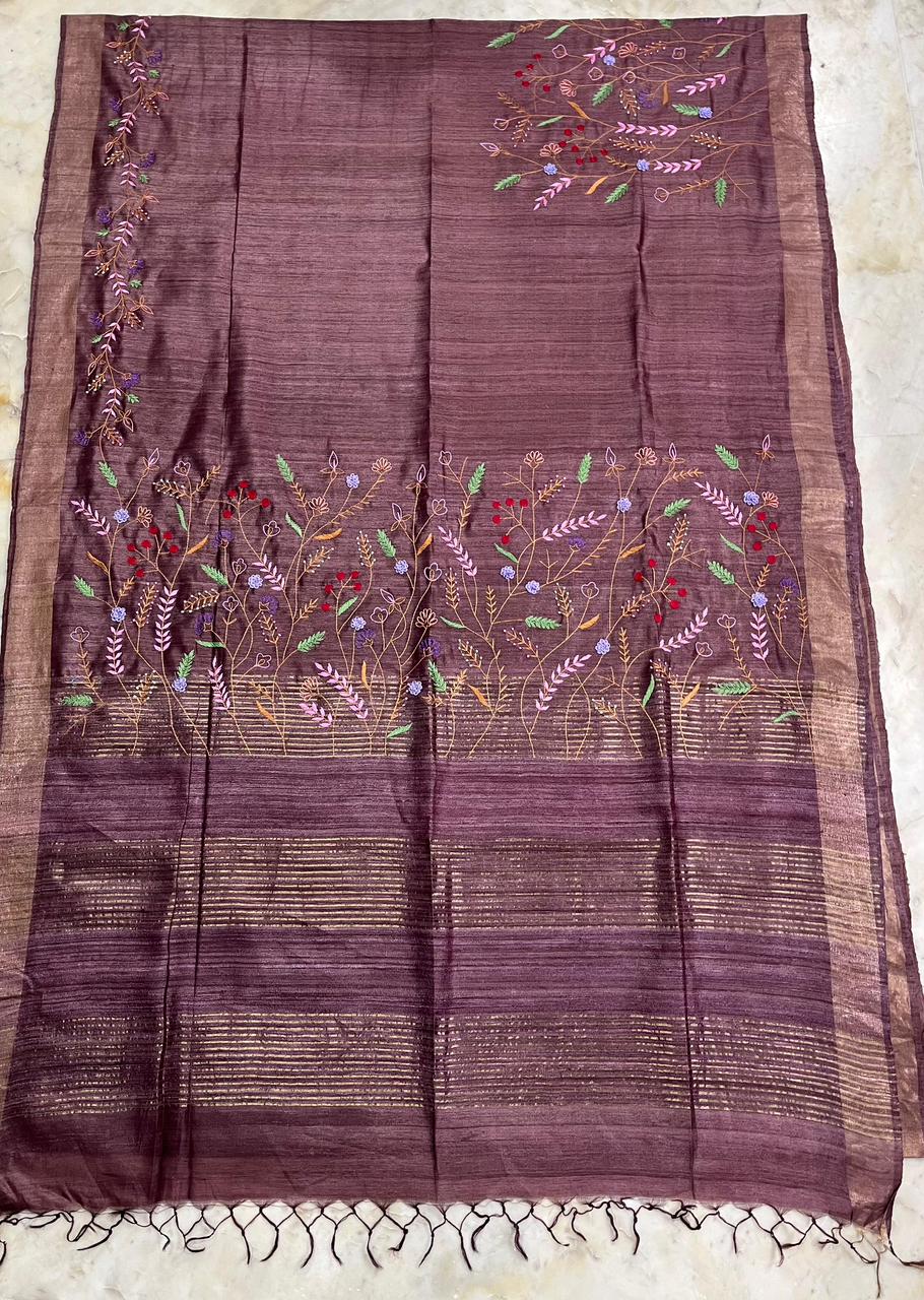 Pure Desi Tussar By Tussar Silk Embroidery Work Saree With Running Blouse.